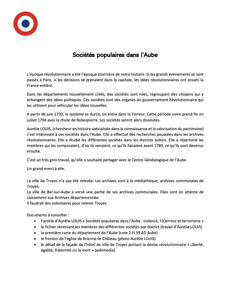 notice pour sociétés populaires auboises